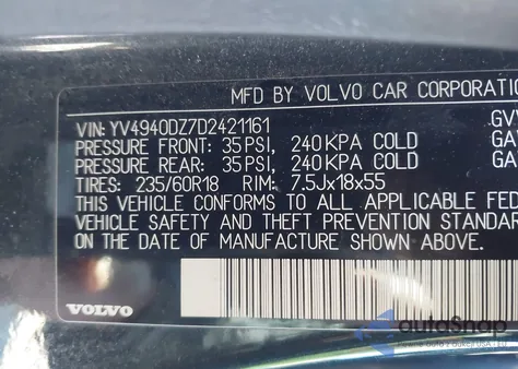 2013 Volvo Xc60 3.2/3.2 Platinum/3.2 Premier/3.2 Premier Plus z USA, uszkodzony, nr VIN YV4940DZ7D2421161